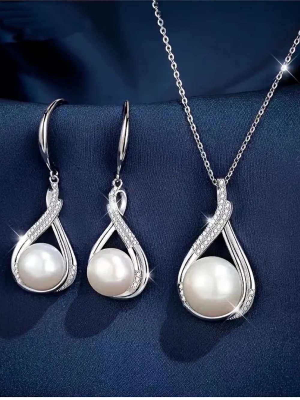 Classic White Pearl Drop Necklace and Earring Set - Silver Tone